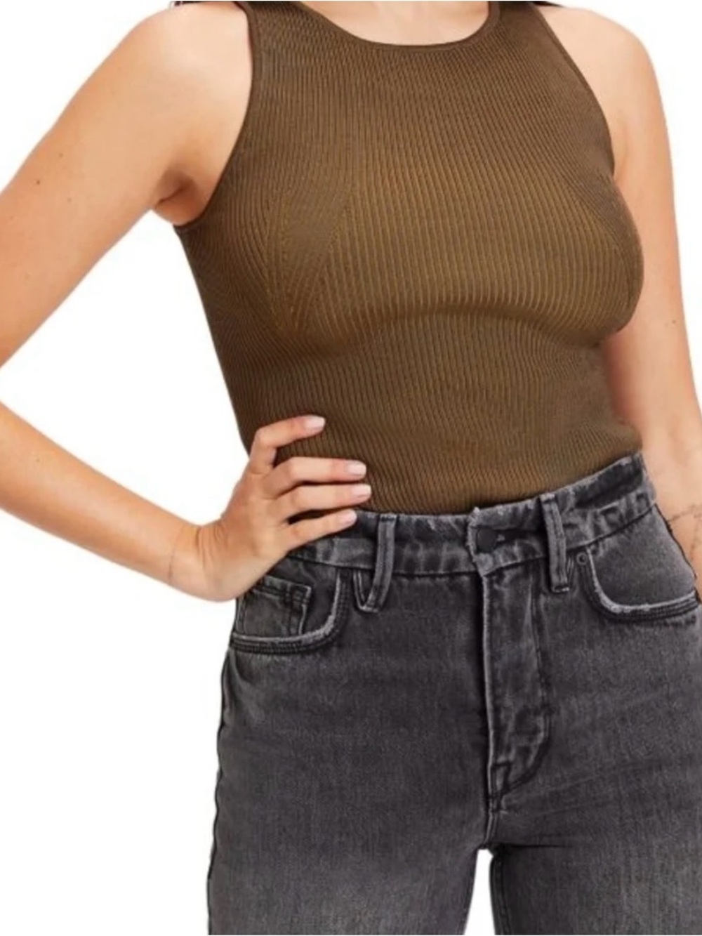 Good American Ribbed Tank Top in Olive Green